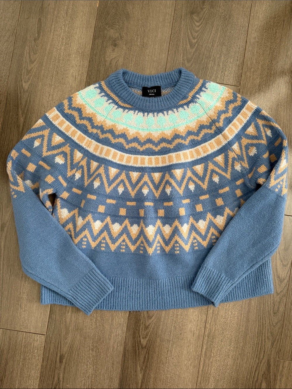 VICI Light Blue Fair Isle Sweater with Cream and Mint Accents